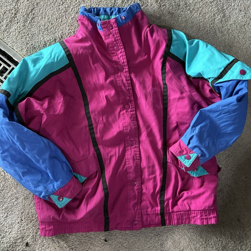 Vintage 80s Neon Colorblock Apres Ski Jacket Pink Blue Teal Puffer Coat Womens M